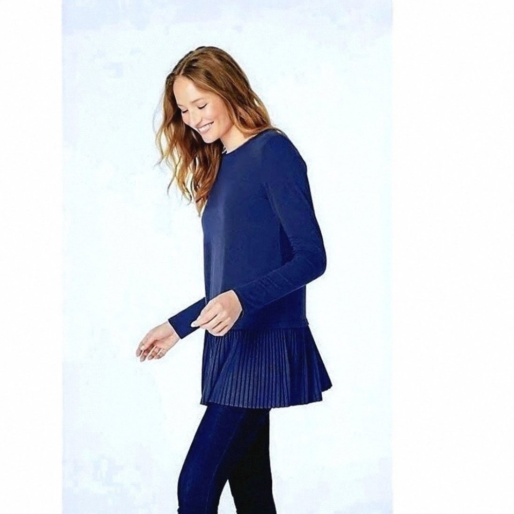 J.Jill Boatneck Accordion Hem Tunic Peplum Pleated Long Sleeve Top Blue L